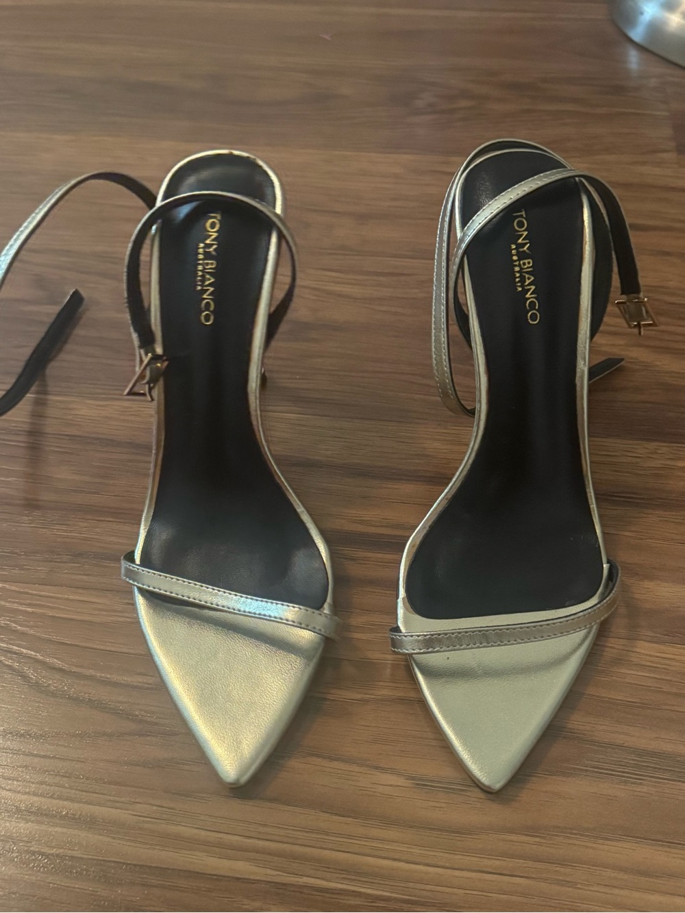 Tony Bianco Silver Pointed Toe Ankle-Strap Heels -Micky Gold Nappa